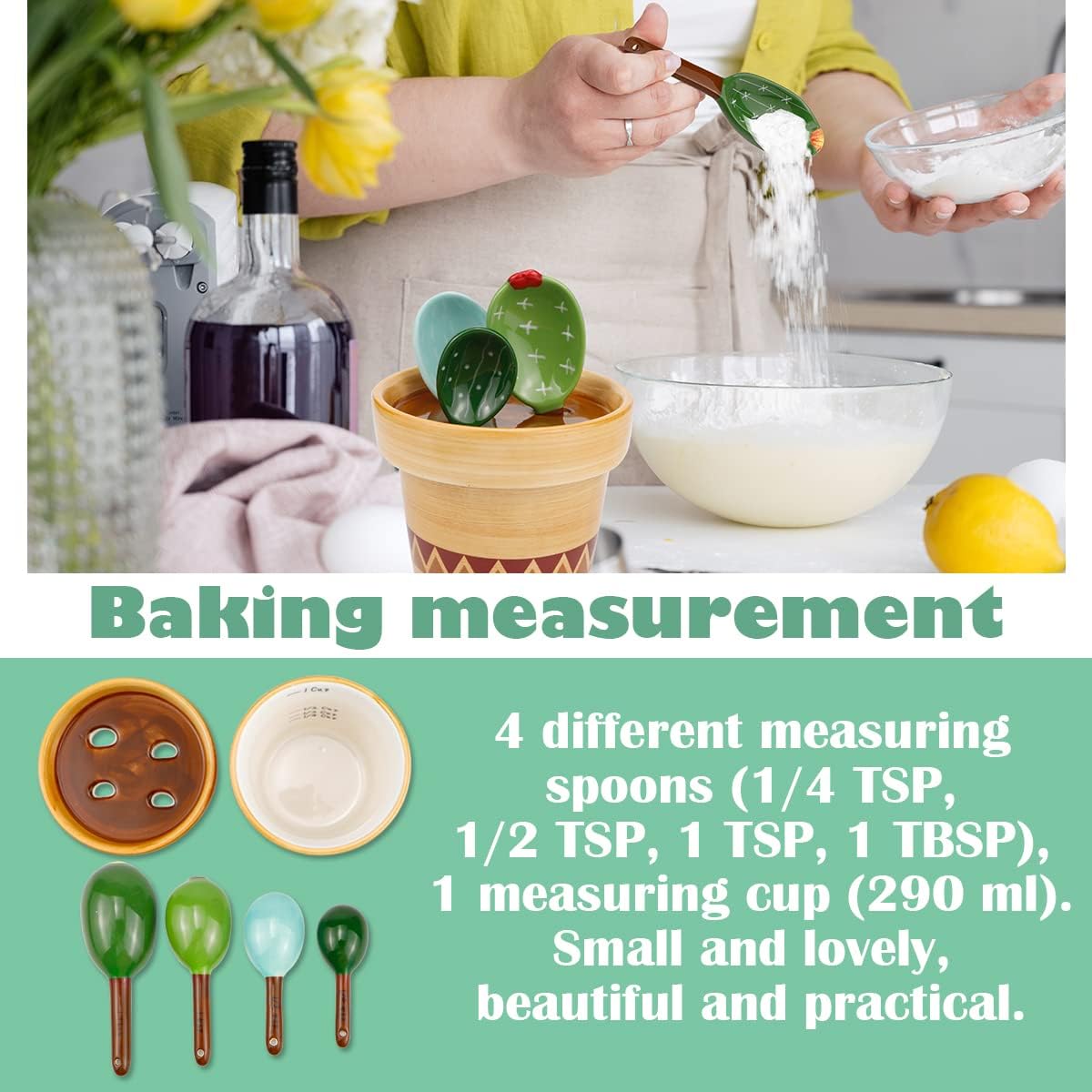 DOERDO Cactus Measuring Spoons Set in Pot, Cute Ceramic Kitchen Cups and with Holder for Baking Salt Sugar, Green