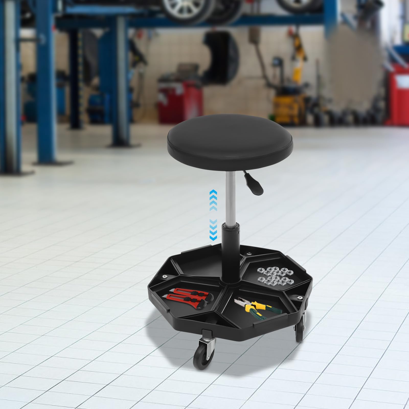 Sgabello da officina con ruote, altezza regolabile 45 – 58 cm – Sgabello girevole da officina con ripiano per attrezzi, 4 ruote, portata fino a 150 kg, per garage, officina e casa