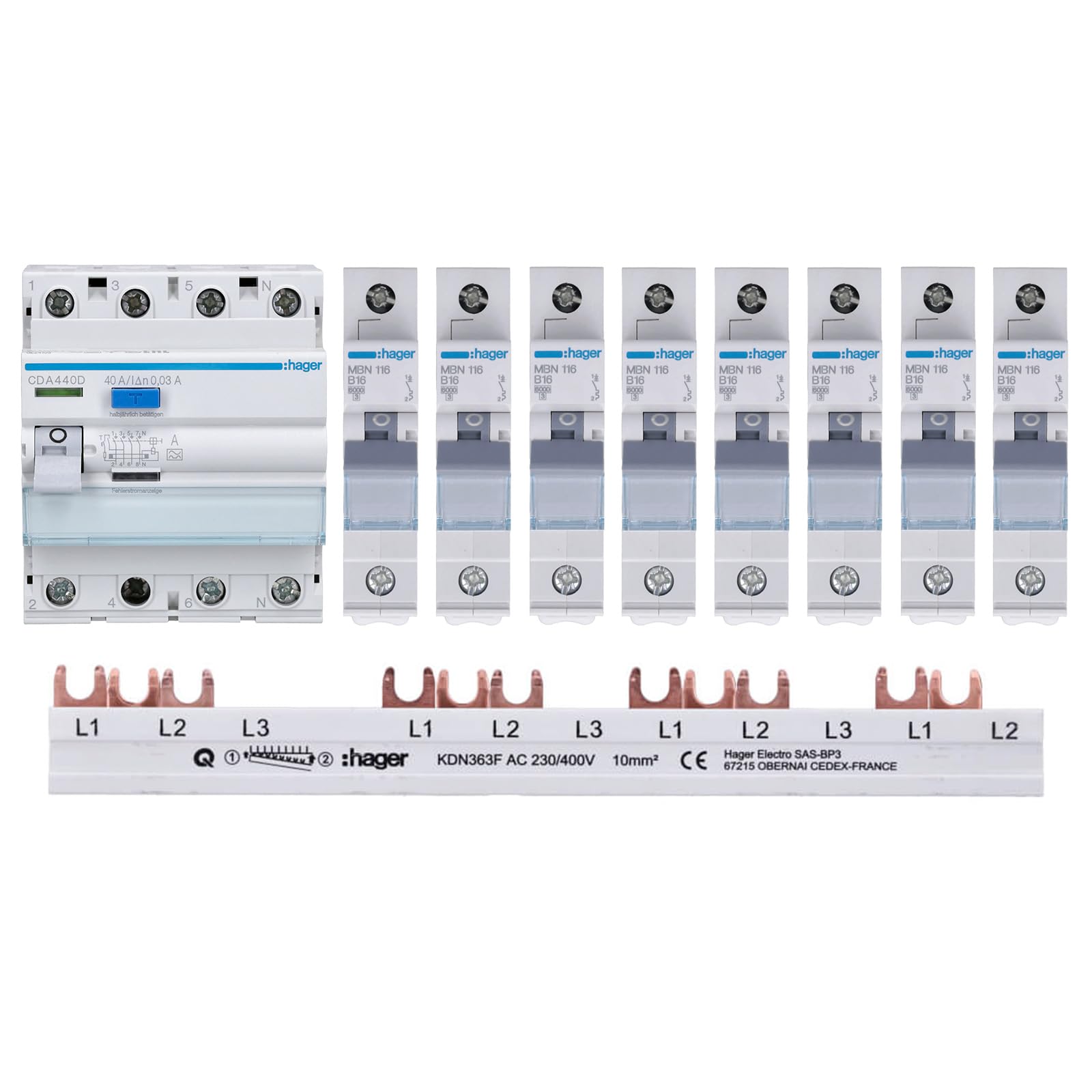 Hager TM Set: 1x FI-Schutzschalter CDA440D & 8x LS-Schalter MBN116