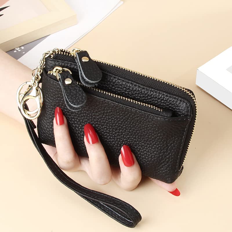 Women Genuine Real Leather Coin Purse with Hand Strap. 3 Zipper Small Wallet Wristlet with 3 credit cards slots Holder - Black