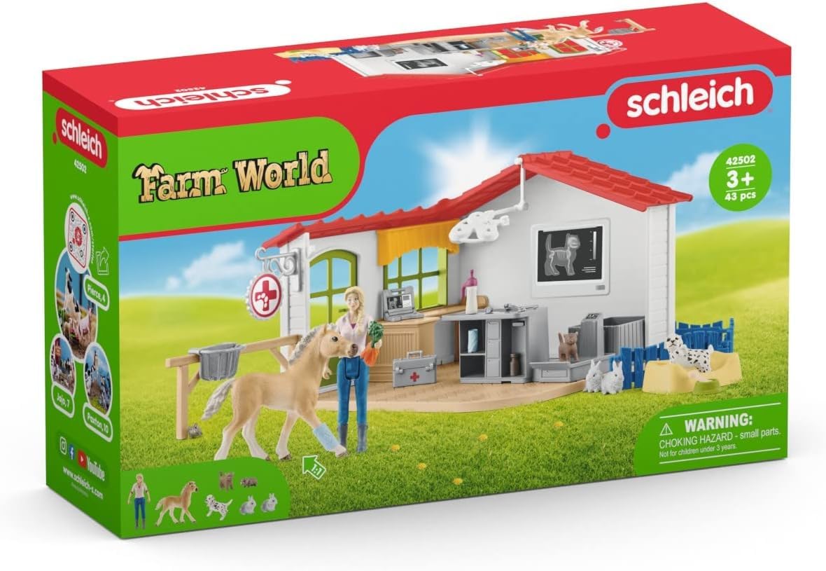 Schleich Farm World 42502 — Set de Clínica Veterinaria para Animales, 27 Piezas — Incluye Clínica, Veterinario, Animales de Juguete y Accesorios — Juguetes para Niños de 3 Años o Más