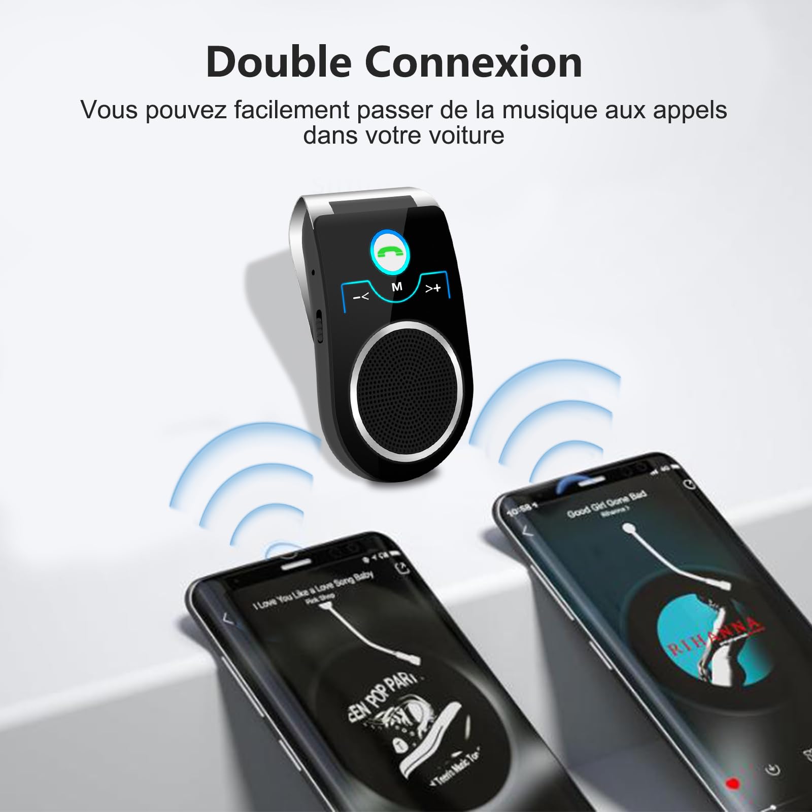 Kit Mains Libres pour Voiture Bluetooth 5.0, Haut-Parleur sans Fil Micro Intégré Support du GPS, Musique, Réduction de Bruit,Supporte Siri/Google Assistant, Connexion de 2 Téléphones Simultanément