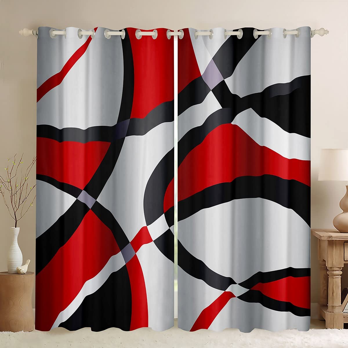 Homemissing Boys Multicolored 13227 Red Geometric Blackout Curtains Geometric Circle Swirl Window Curtains Red And White Abstract Darkening Dreapes Retro Circle Window Treatments W46*L54