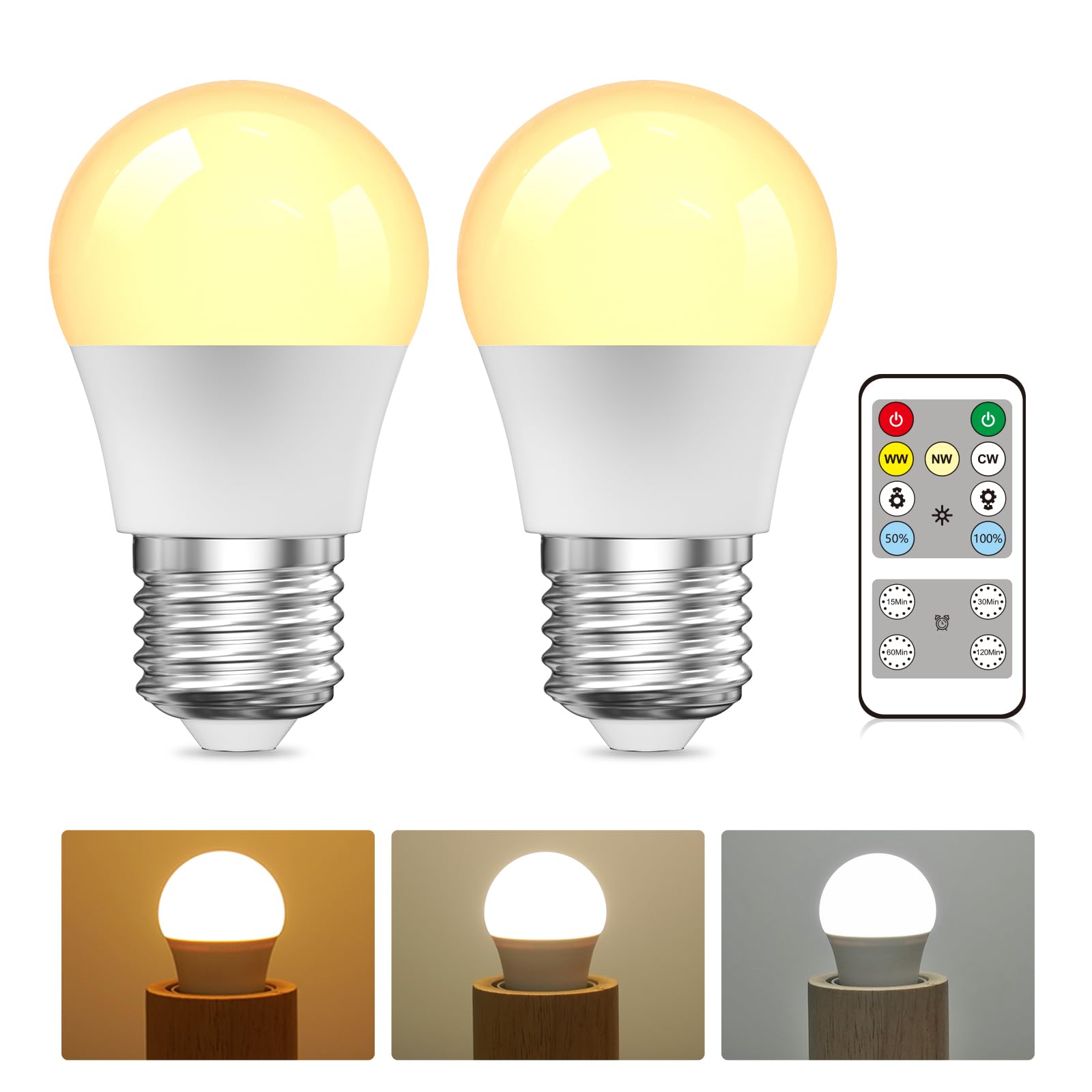 BrightArk Remote Control Light Bulb, 3 Colors (3000K-6000K) E27 Dimmable Light Bulb for Living Room Bedroom, E27 LED Light Bulbs with Timing, Memory Function (2-Pack)