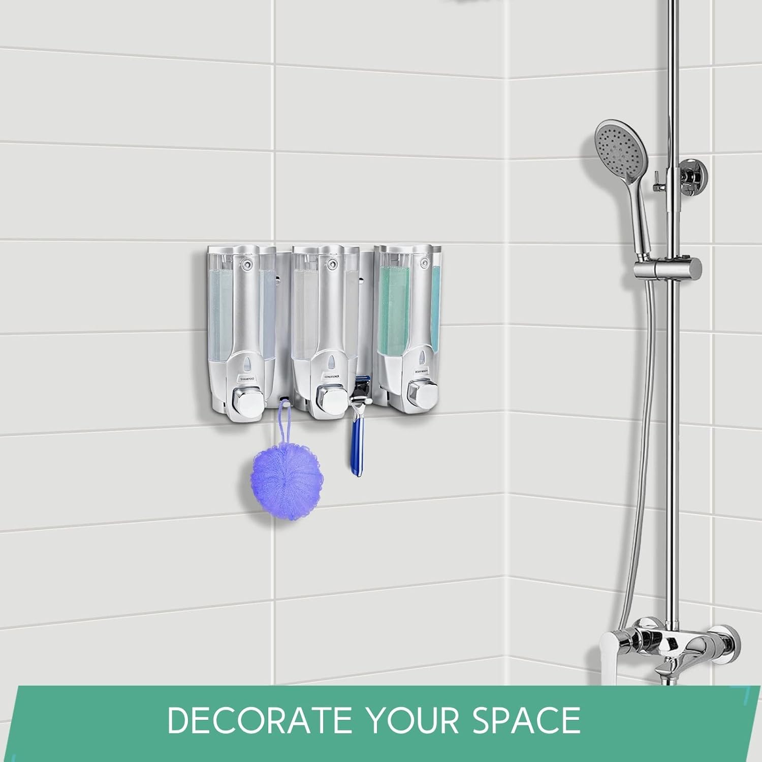 Shampoo Dispenser for Shower Wall (3 Chamber, Sliver) Drill Free Shower Soap Dispenser - Wall Mounted Bathroom Shower Pump Dispenser and Organizer - Empty Shampoo Dispenser Set - for Hotel Bathroom : Home & Kitchen