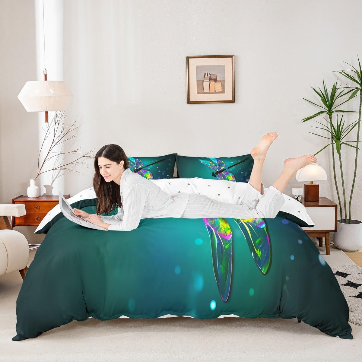 Feelyou Dragonfly Comforter Cover Set Ultra Soft Dragonfly Duvet Cover Set for Kids Women Adults 3Pcs Lightweight Teal Nature Decoration Bedding Set with 1 Quilt Cover 2 Pillowcases Turquoise King