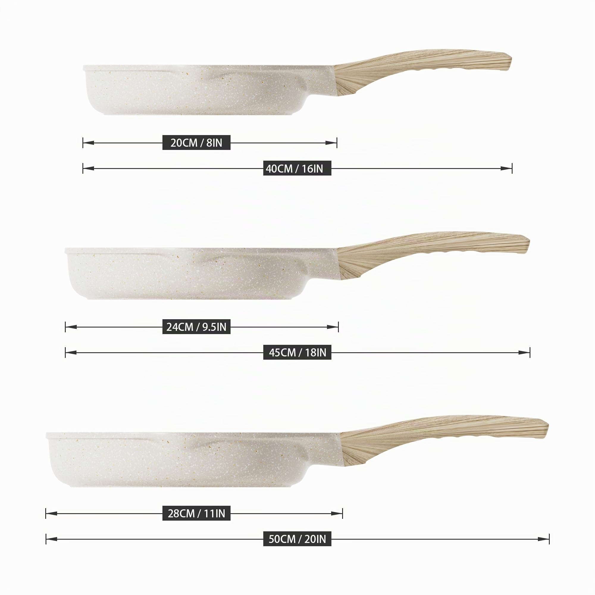 RIOVARM Induzione Set di padelle Antiaderente Padelle universali 20 cm 24 cm 28 cm Granito Padella per omelette senza PFOA Marmo Set di pentole con manico resistente al calore Adatto a vari fornelli