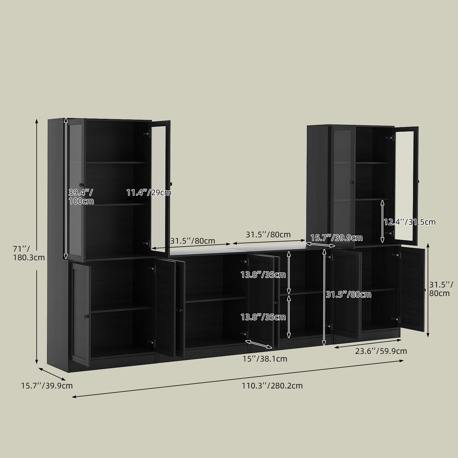 VOWNER Grand Meuble TV Bibliothèque pour Télé jusqu'à 70", 280x180.3x40cm Meuble TV Suspendu avec Portes en Verre et Étagères, Meuble Télé Bois pour Salon, 2B+2E (Noir)