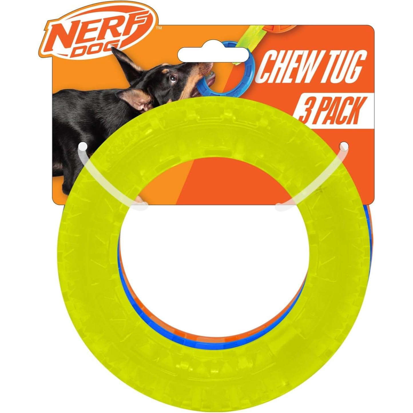Nerf Dog TPR EXO Spike Rings, 5-Inch Translucent Durable Tug Toys for Dogs, Green/Blue/Orange (3-Pack)