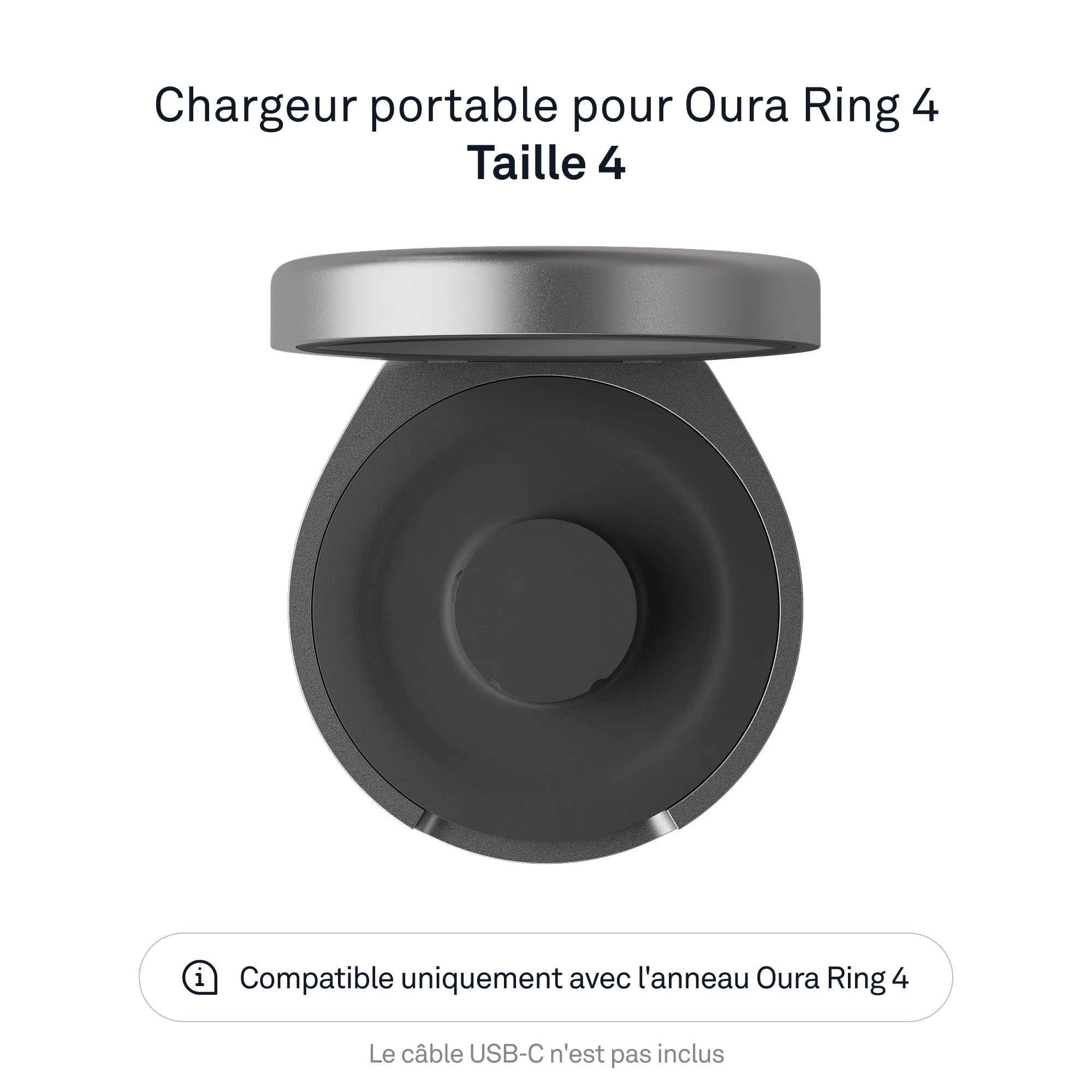 Oura Ring 4 (câble USB-C Non Inclus) Boîtier de Recharge - Gris foncé - Taille 4 - Peut contenir jusqu'à 5 recharges/capacité de Recharge d'un Mois, Recharge en 90 Minutes
