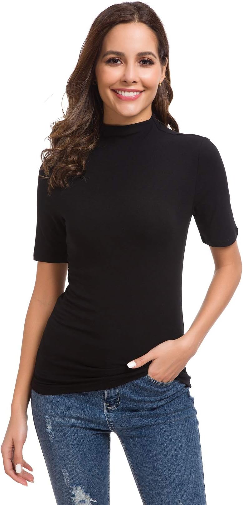 Women's Half Sleeve Mock Turtle Neck Top Slim Fitted Cute Plain T Shirts