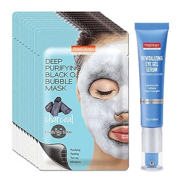Purederm Revitalizing Eye Gel Serum Cooling Eye Roller with 5% Volufiline, Caffeine & Vegan Collagen & Purederm Deep Purifying Black O2 Bubble Mask Charcoal 10 Pack