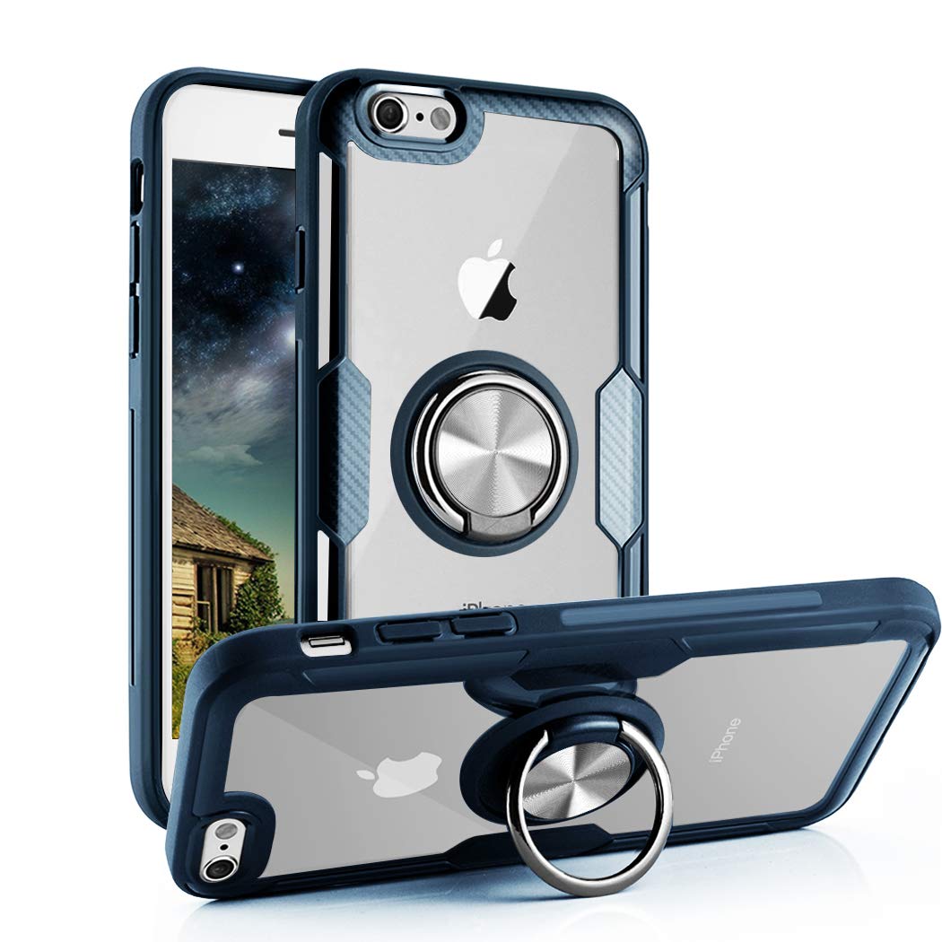 Lamzu iPhone 6 Case/iPhone 6S Case, Clear Hard Back Cover Slim Rubber Bumper Hybrid Case with 360° Rotation Finger Ring Grip Holder Kickstand [Work with Magnetic Car Mount] for iPhone 6/6S,Blue
