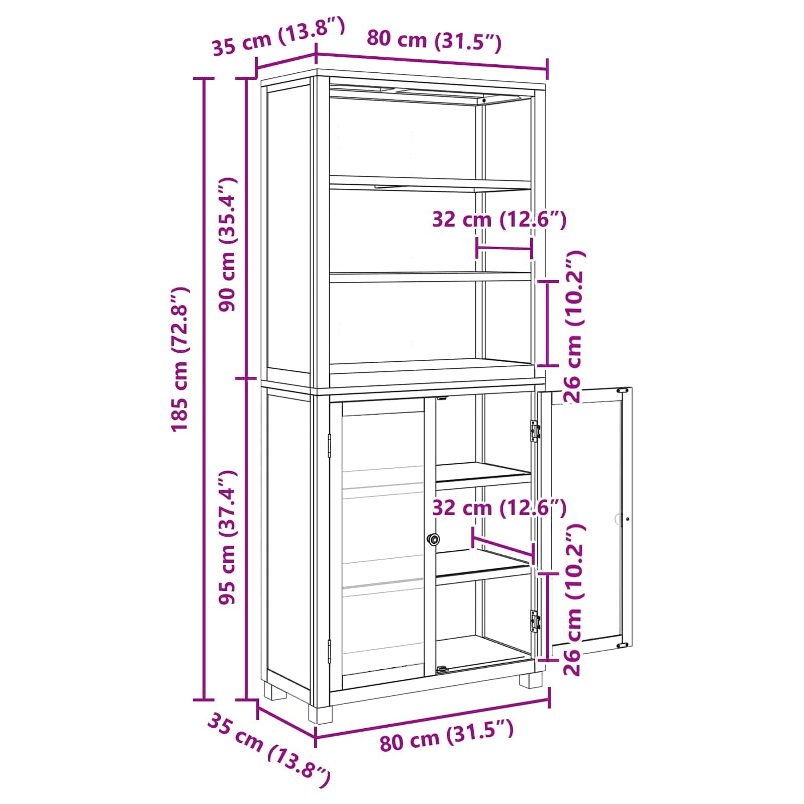 Set di mobili portaoggetti in rovere massello con 2 ripiani, 80 x 35 x 185 cm, 4 ripiani, 2 ante in vetro, per soggiorno, camera da letto, ufficio