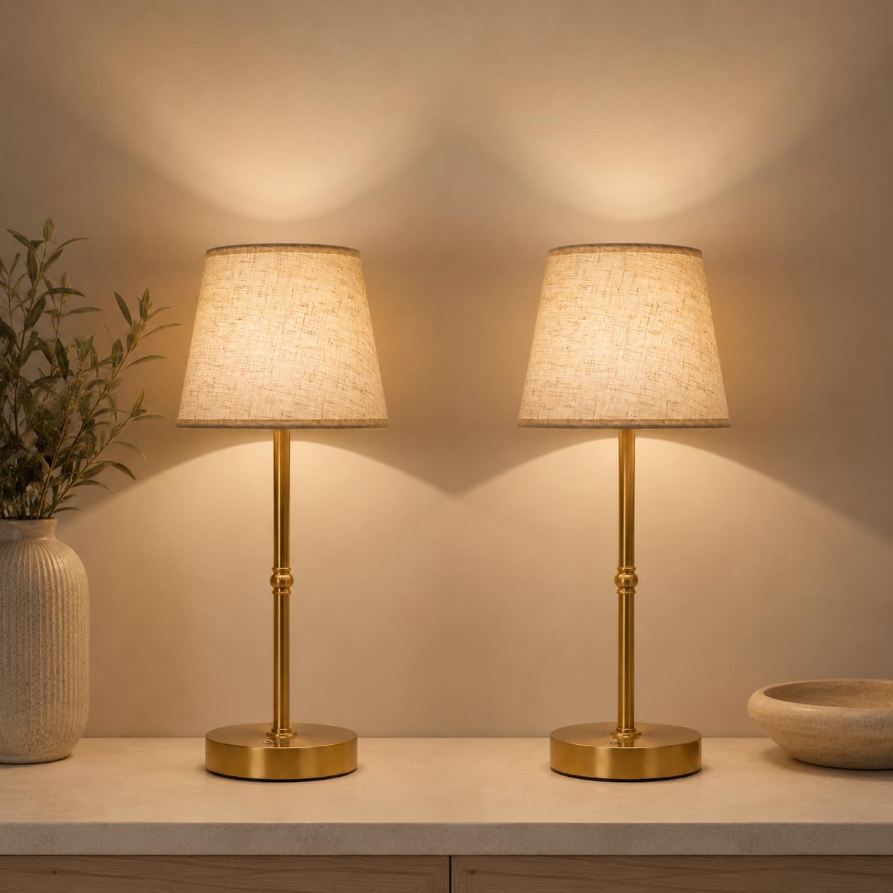 Cordless Rechargeable Table Lamp, 6000mAh USB-C Touch Dimming Gold 2 Pack
