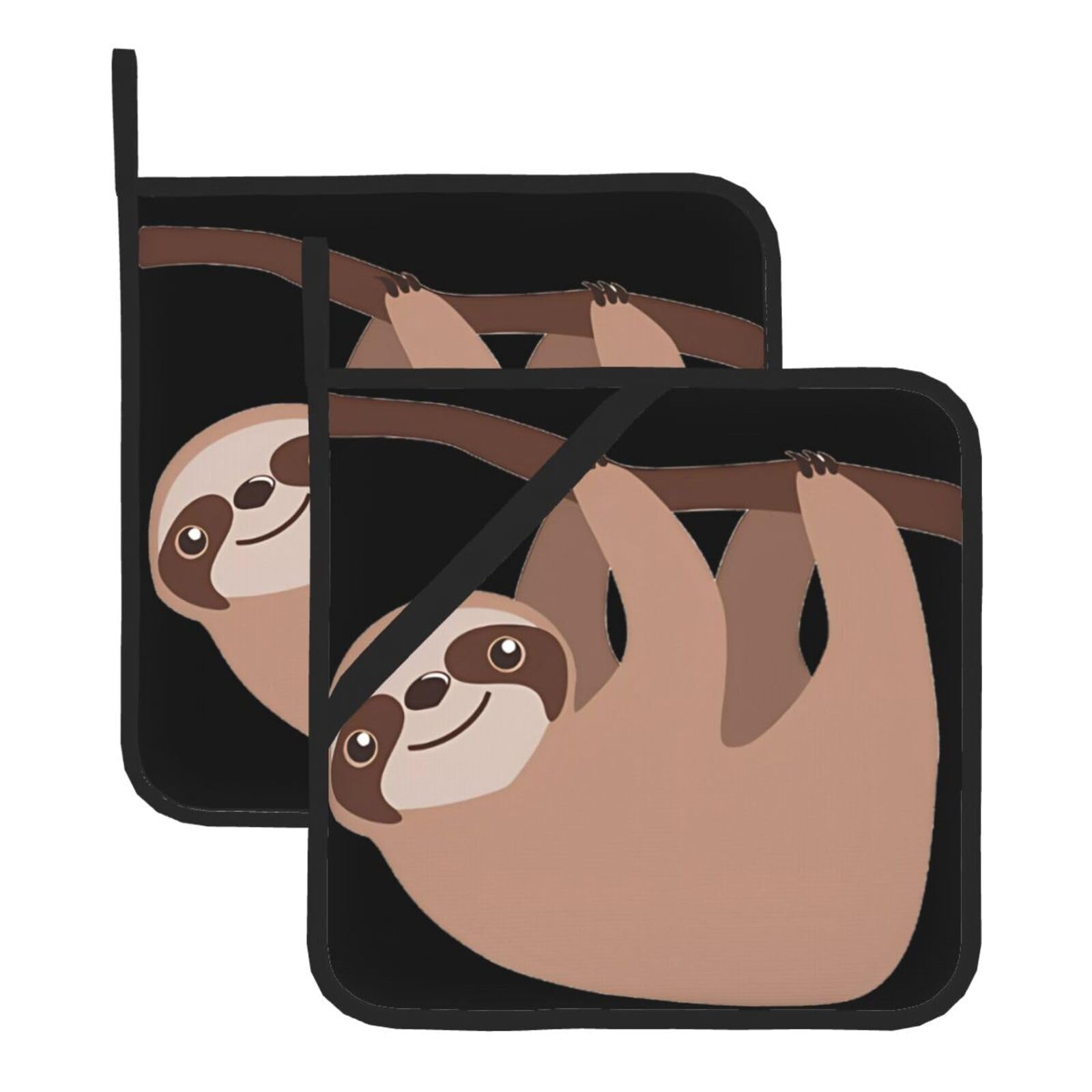 WHJSSF Sloth Prints Square Hot Pads for Kitchen Counter - Waterproof Trivets with Hanging Loop, Thick Pot Covers for Serving, Oven & BBQ - Set of 2 (1 with Pocket)