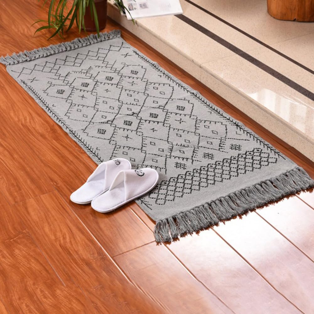 Tappeto in cotone e lino, lavabile, tappeto con nappe, per camera da letto, cucina, per ingresso, bagno, grigio, 60 x 130 cm