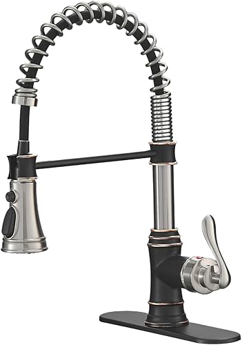 BWE Grifo de fregadero de cocina de níquel cepillado con bronce aceitado de una sola manija con resorte desplegable 3 funciones, grifo de cocina sin