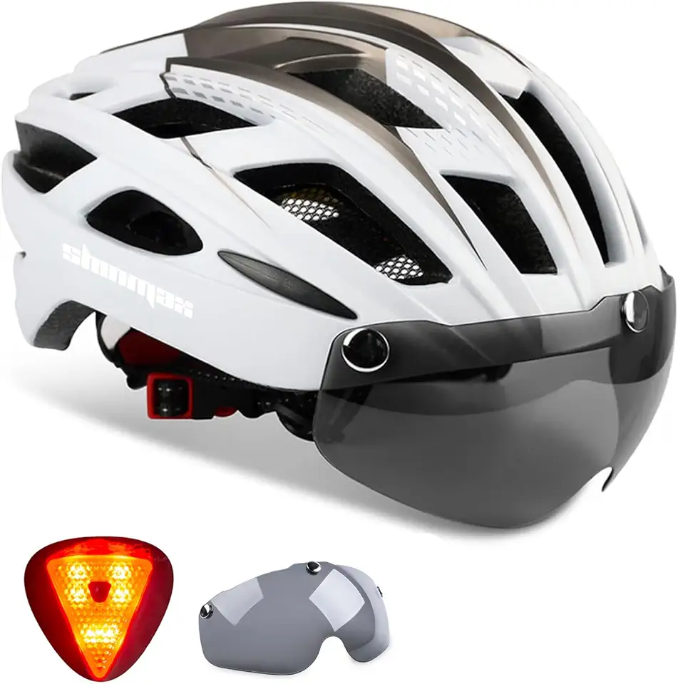 Shinmax Capacete de bicicleta, capacete de bicicleta CPSC/CPC para adultos, homens e mulheres, com óculos magnéticos e luz traseira de LED, capacete de ciclismo ajustável SM-T69