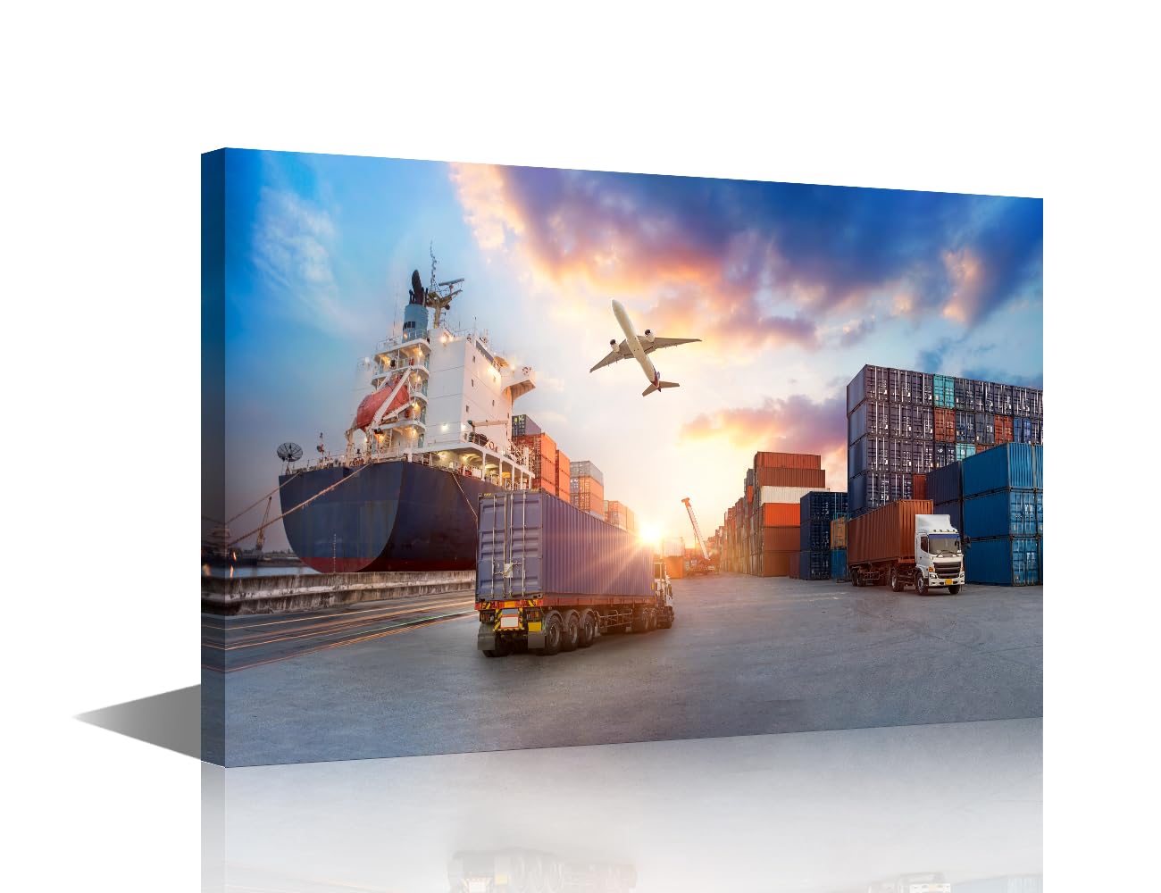 Wall Art for Living Room 1 Panel Container Truck in Ship Port Pictures Print on Canvas Wall Art for Home Office Decorations, Stretched Framed Gallery-Wrapped Ready to Hang, 24"Wx16"H