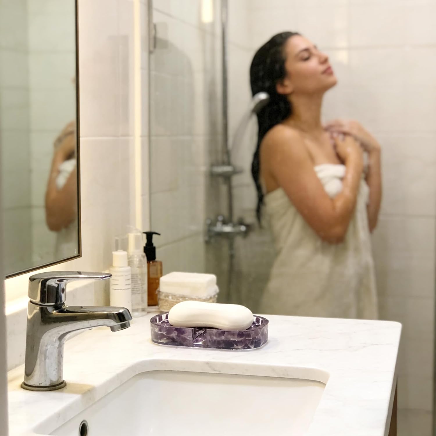 Resin Soap Dish for Bathroom Sink, Purple Oval Bar Soap Holder with Waterfall Drainage, Embedded Terrazzo Particles, Keeps Soap Dry, Decorative Tray for Shower & Kitchen Counter