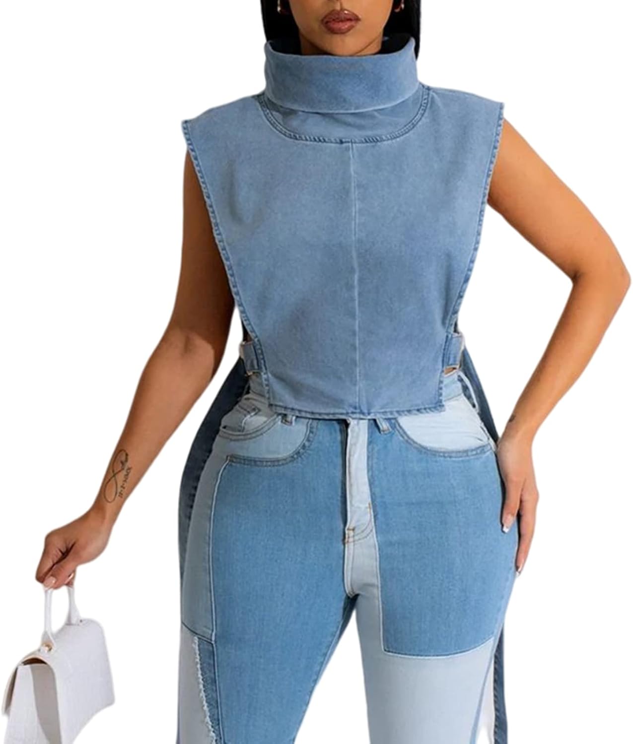 Women 2023 Summer Fashion Causal Distressed Denim Vest Lace Up Crop Tops Relax Fit Light Jean Vest Jacket