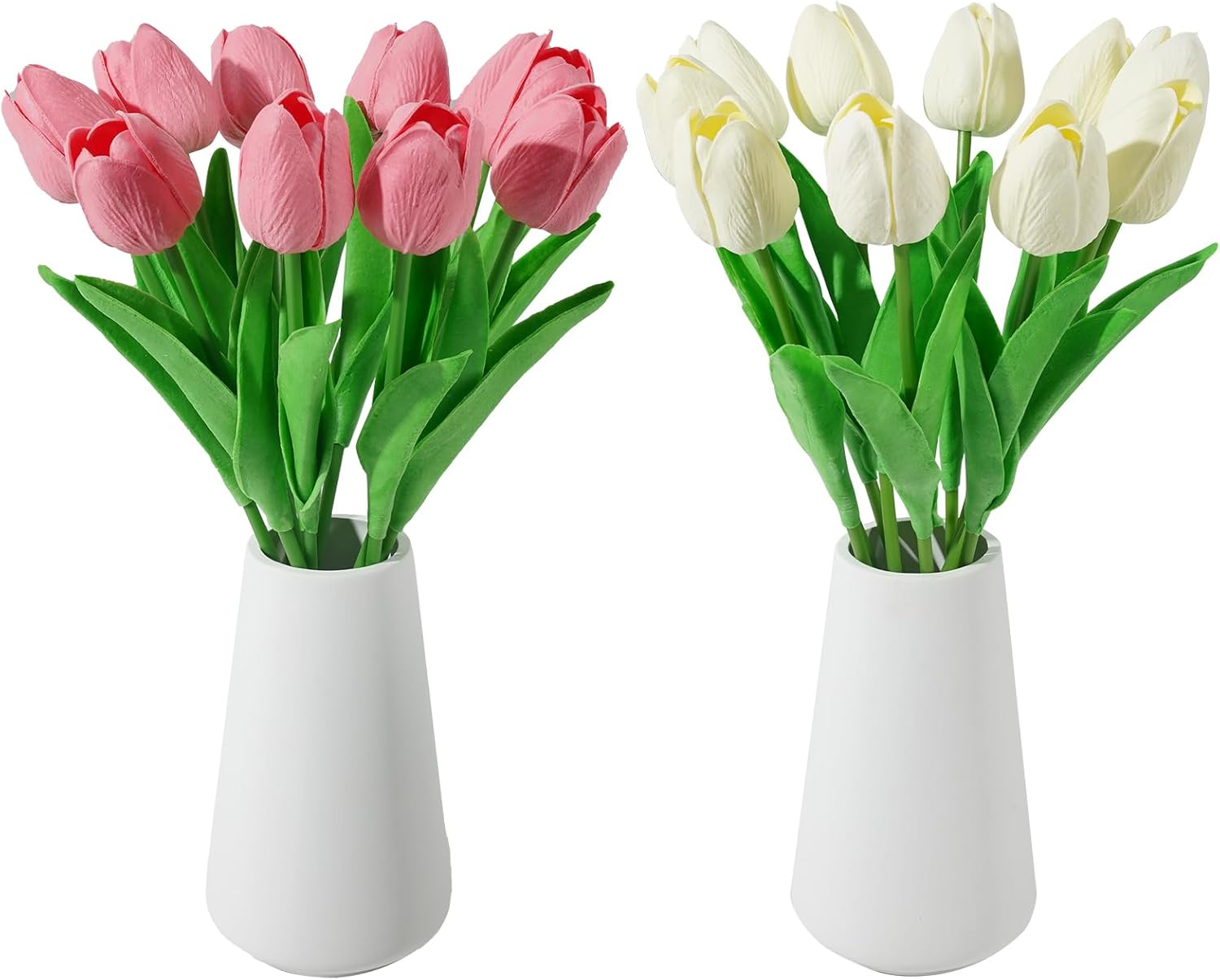 Real-Touch Artificial Tulips with 2 Ceramic Vases, 20 Stems Faux Floral Arrangement Set, Spring Easter Table Centerpiece, Modern Farmhouse Decor
