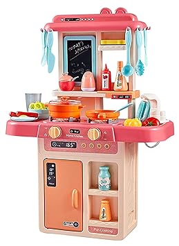LONGMIRE Little Kitchen Playset for Kids Girls with Realistic Lights & Sounds, Simulation of Spray, Play Sink with Running Water, Kitchen Accessories & Pretend Role Play Toys for Girls 4 Years Old