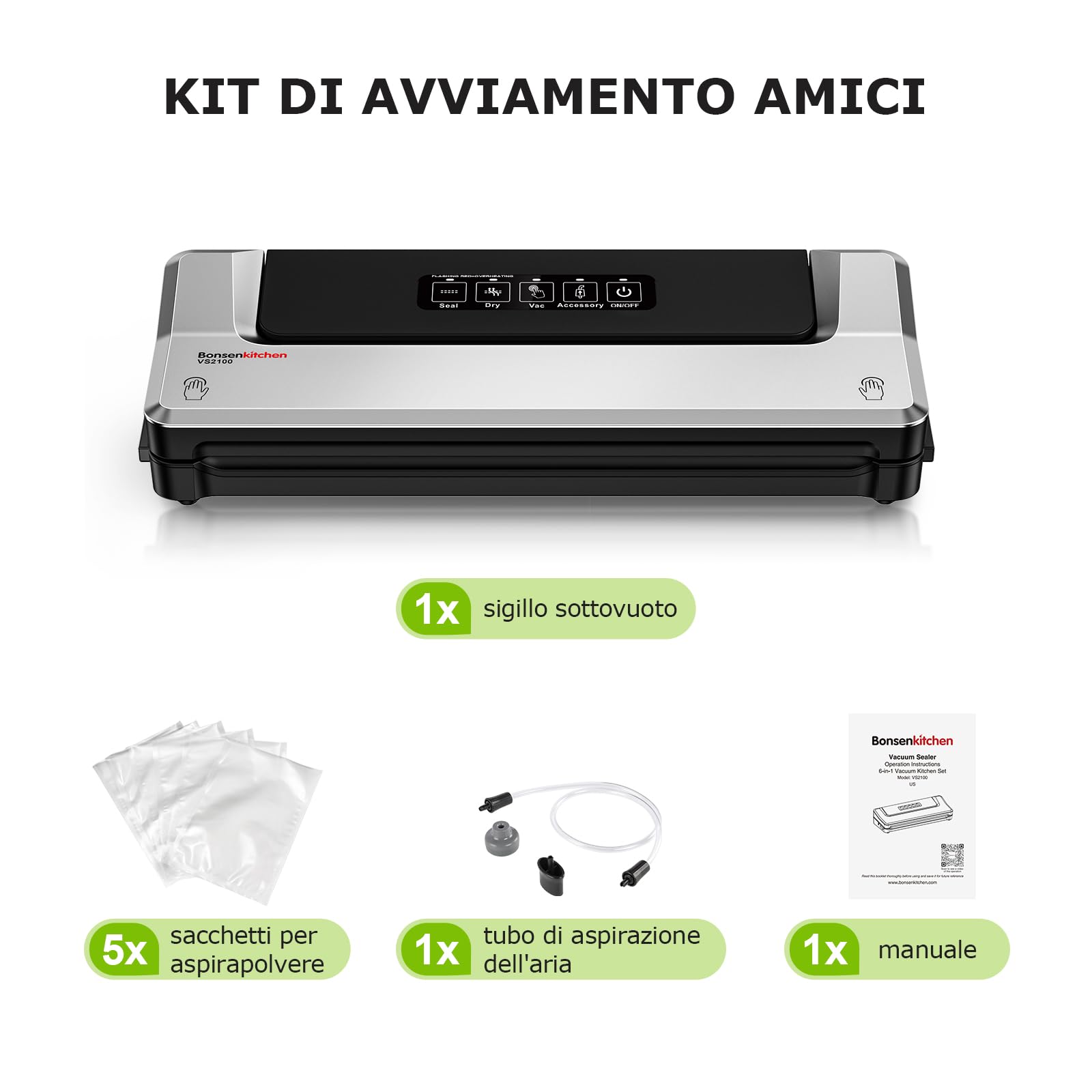 Bonsenkitchen Macchina Sottovuoto per Alimenti 4 in 1 - Macchina Sottovuoto per La Cottura Sottovuoto e La Conservazione di Alimenti Freschi, Con Modalità Vuoto Esterno, con 5 sacchetti sottovuoto