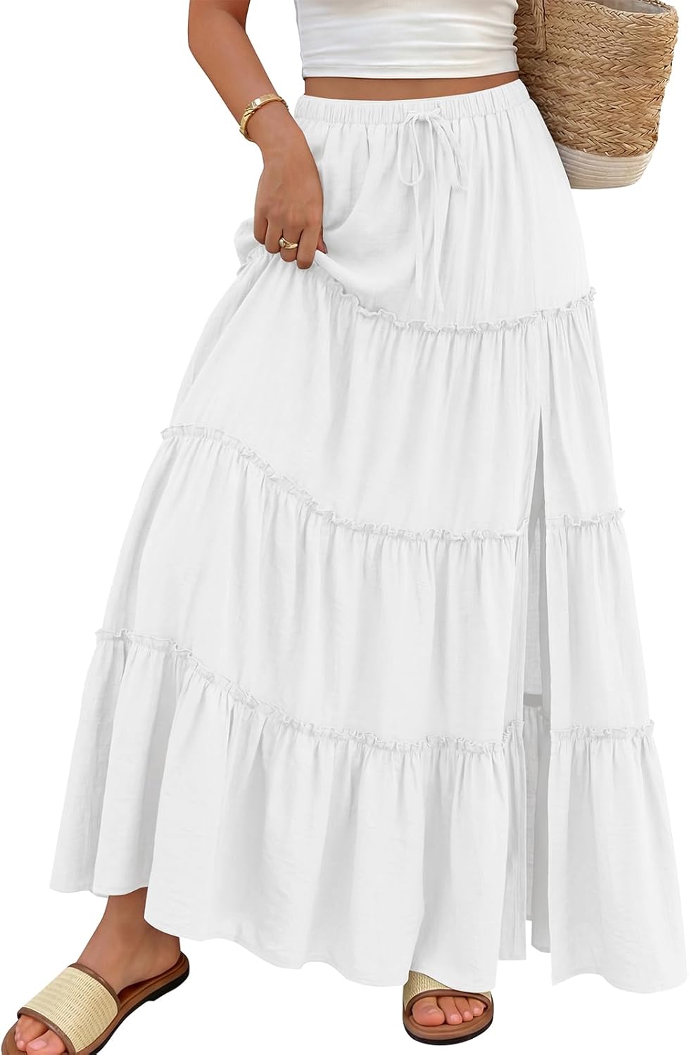 Trendy Queen Long Skirts for Women Slit Maxi Boho Skirt Summer Vacation Outfits A-Line Dress with Pockets Fashion