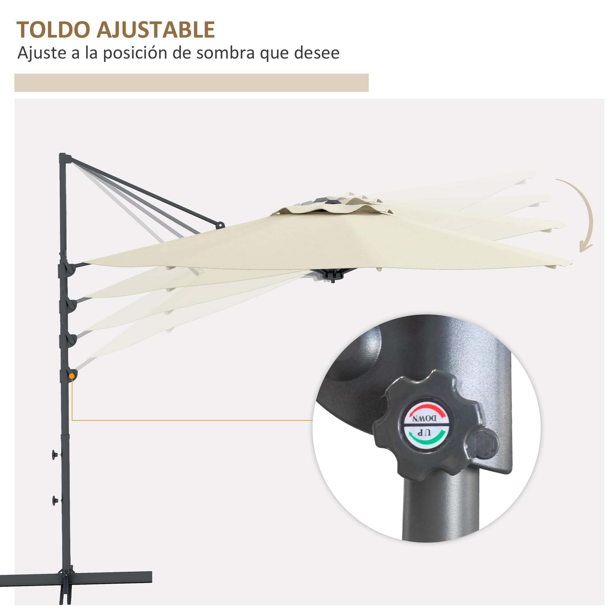 Outsunny Sombrilla de Jardín Ø294x242 cm Altura Ajustable Patio Crema | Parasol de Terraza, Poste Giratorio 360°, Ángulo de Techo Ajustable, Ventilación Superior, para Piscina