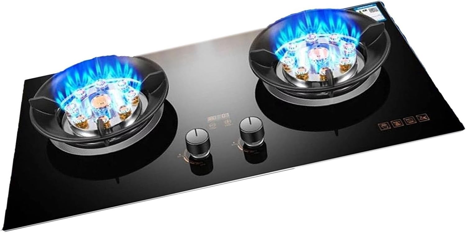 Gas Cooker - 2 Burner Stove Hob, Tempered Glass Ranges, Kitchen Camping with Timer Function, Two Installation Methods, Easy-to-clean(NG)(LPG)