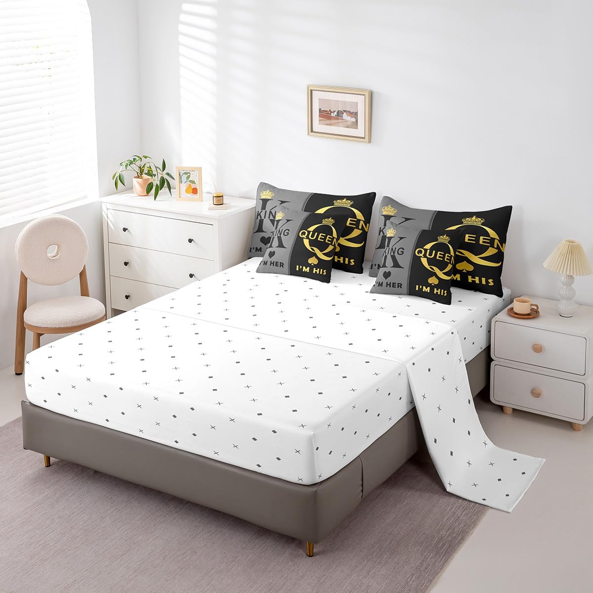 Manfei 7 Pieces King and Queen Comforter Set King Size, Her and His Crown Bedding Set for Lover Couple Room Decor, Grey Black Gold Bed in a Bag with Comforter, Fitted Sheet, Top Sheet and Pillowcases