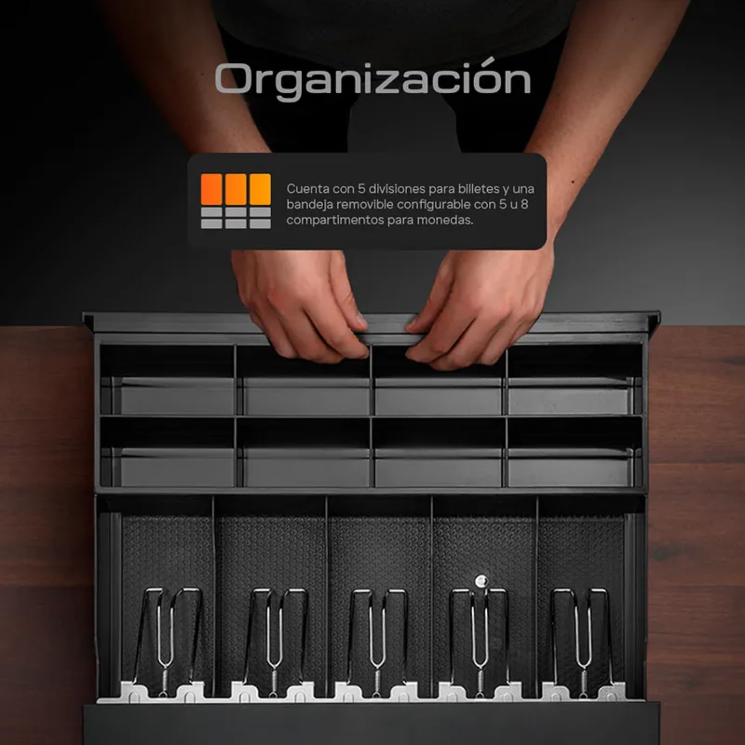 Cajón de Dinero Profesional de Acero, 5 Compartimentos para Billetes, 8 para Monedas, Cerradura de Seguridad, 12V/24V, Charola Removible, QOC-HON12-01