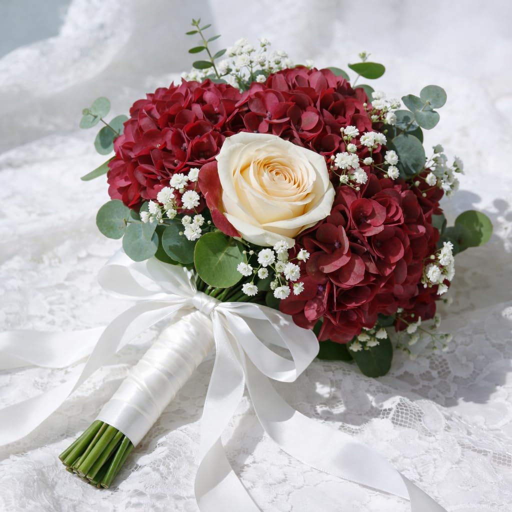 Artificial Hydrangea Flowers, 4PCS Real Touch Faux Hydrangea Stems, Latex Realistic Floral Arrangement for Home Decor, Wedding Table Centerpiece, Elegant Party Decoration, Red