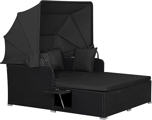 RELAX4LIFE Sofá cama para patio al aire libre con toldo, tumbona de mimbre con cojines, 4 almohadas y 2 bandejas laterales retráctiles, conversación
