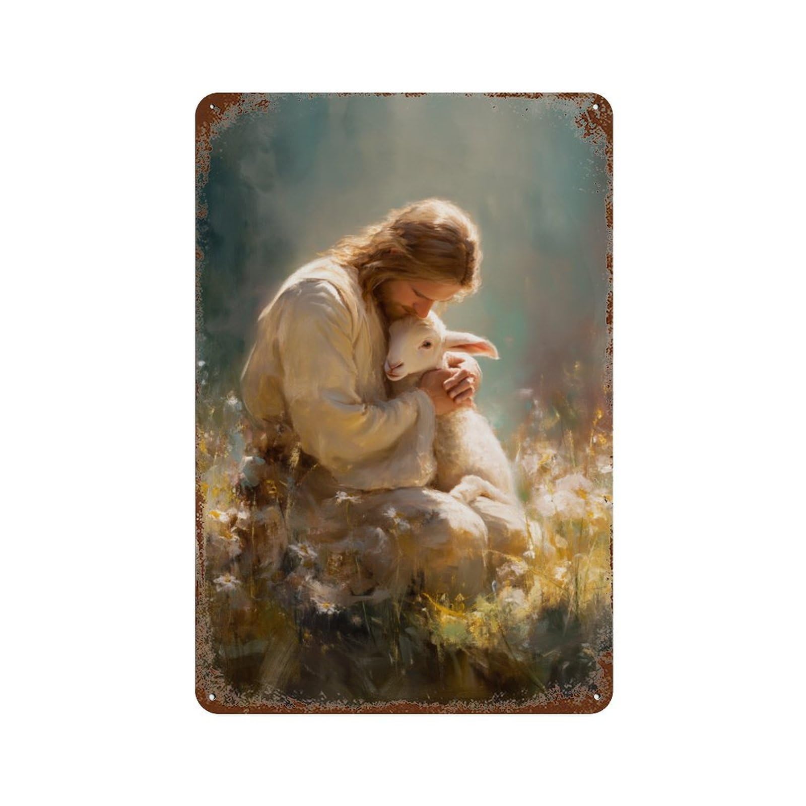 Garage Style Jesus with Lamb in Field -1 Decorative Tin Sign 11.8"x7.9", Retro Wall Decor for Bar And Workshop