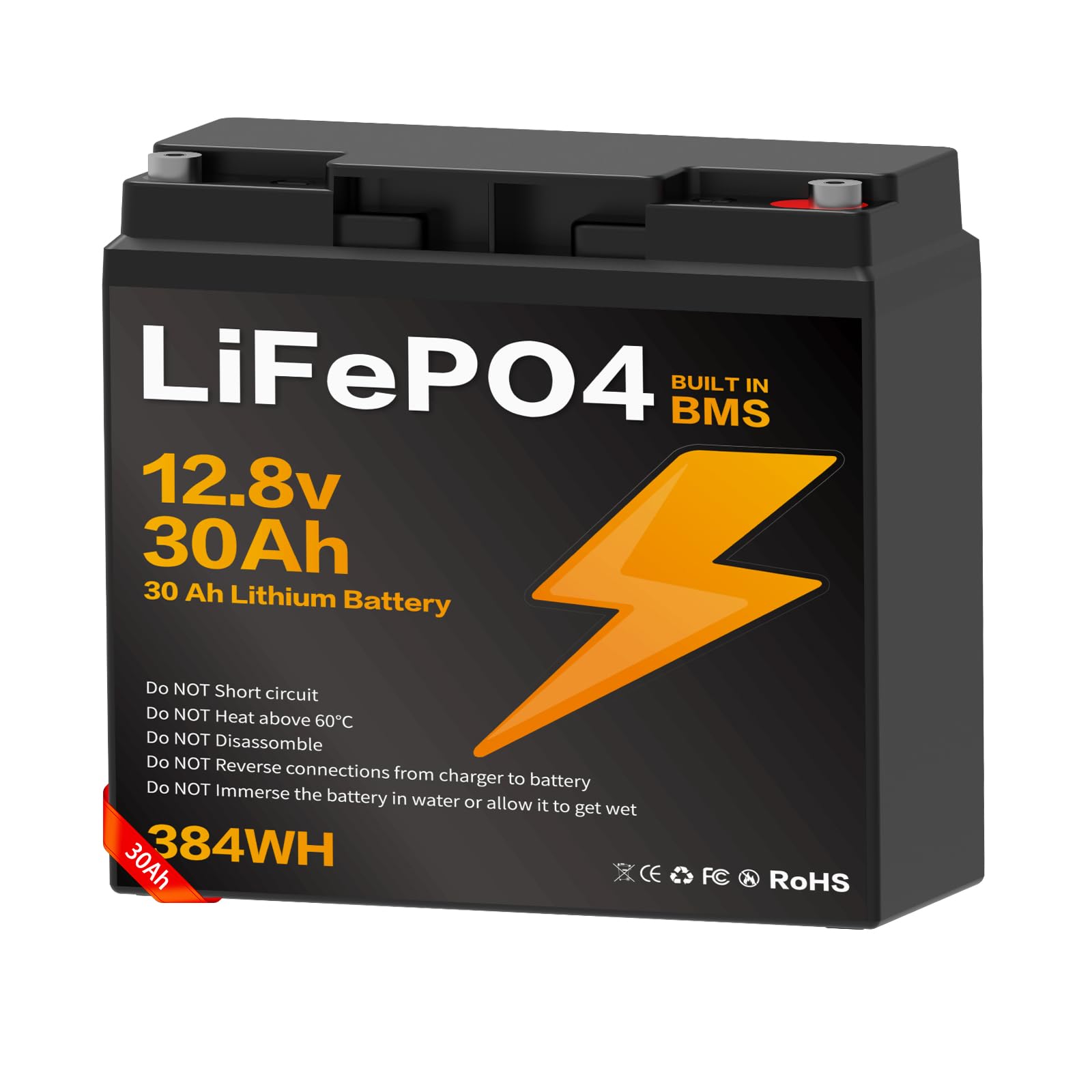 12V 30Ah Batería LiFePO4, BMS Integrado 15000 Ciclos de Descarga Profunda, Diseño Ligero
