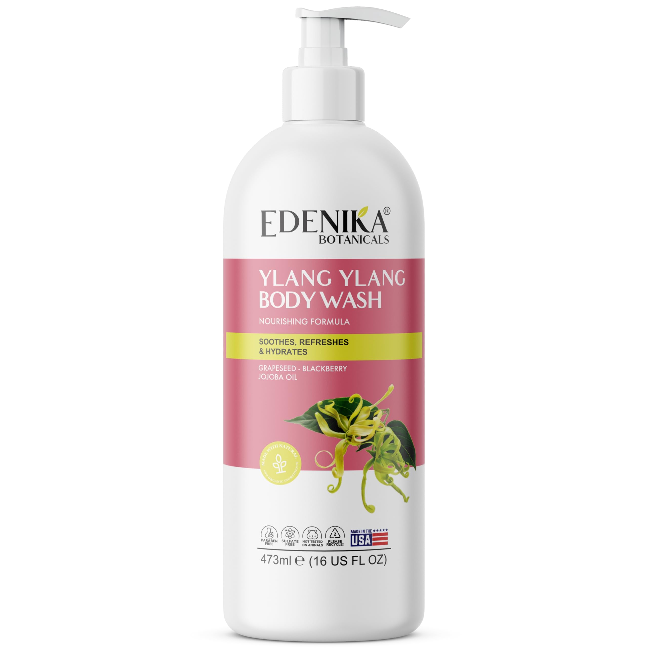EDENIKA BOTANICALS Ylang Ylang Body Wash, Cleanses, Nourishes & Hydrates, Gentle Shower Gel for Dry and Sensitive Skin, Women & Men, Organic & Natural