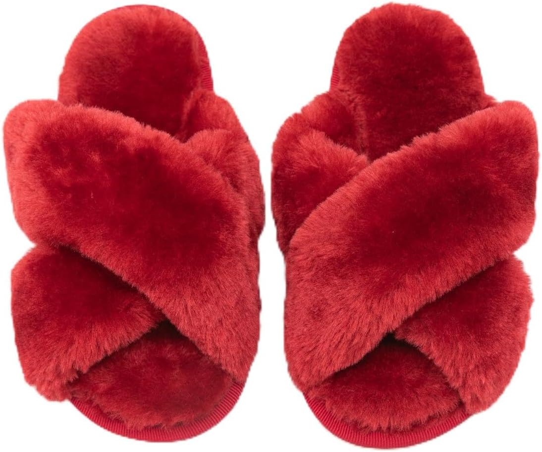 Girl's Fuzzy Fluffy Slippers Open Toe Cross Band Soft Plush House Slippers