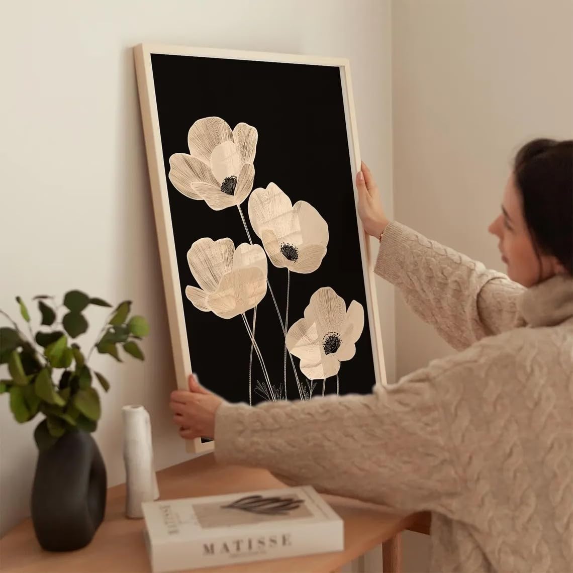 ZHAOLIN Plakat retro z czarnym dzikim kwiatem i beżowym rysunkiem linii botanicznych, minimalistyczny obraz na płótnie z motywem kwiatowym (21 x 30 x 3 cm/rama na płótno)