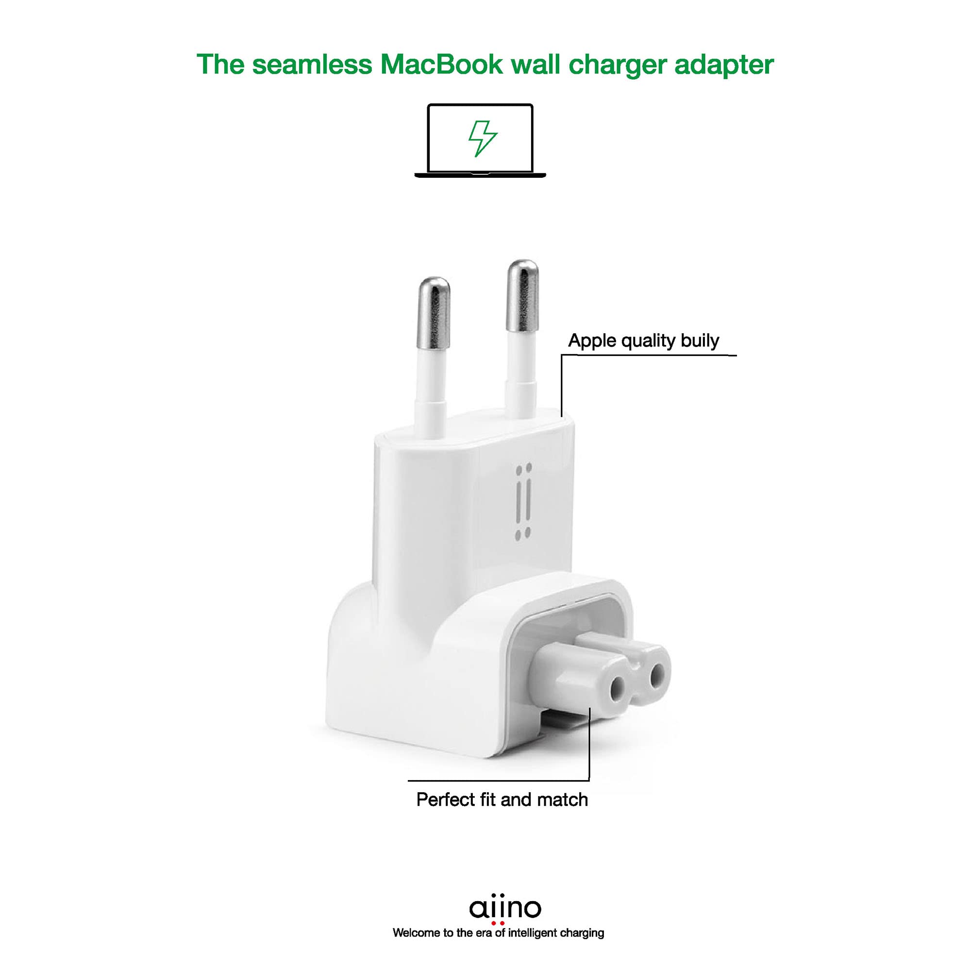 aiino Spinotto per Caricabatterie Apple - Adattatore Presa compatibile con Caricatore Macbook, iPhone, iPad - Adattatore a Due Poli con Presa Italiana per Mac - Plastica Ignifuga, Bianco