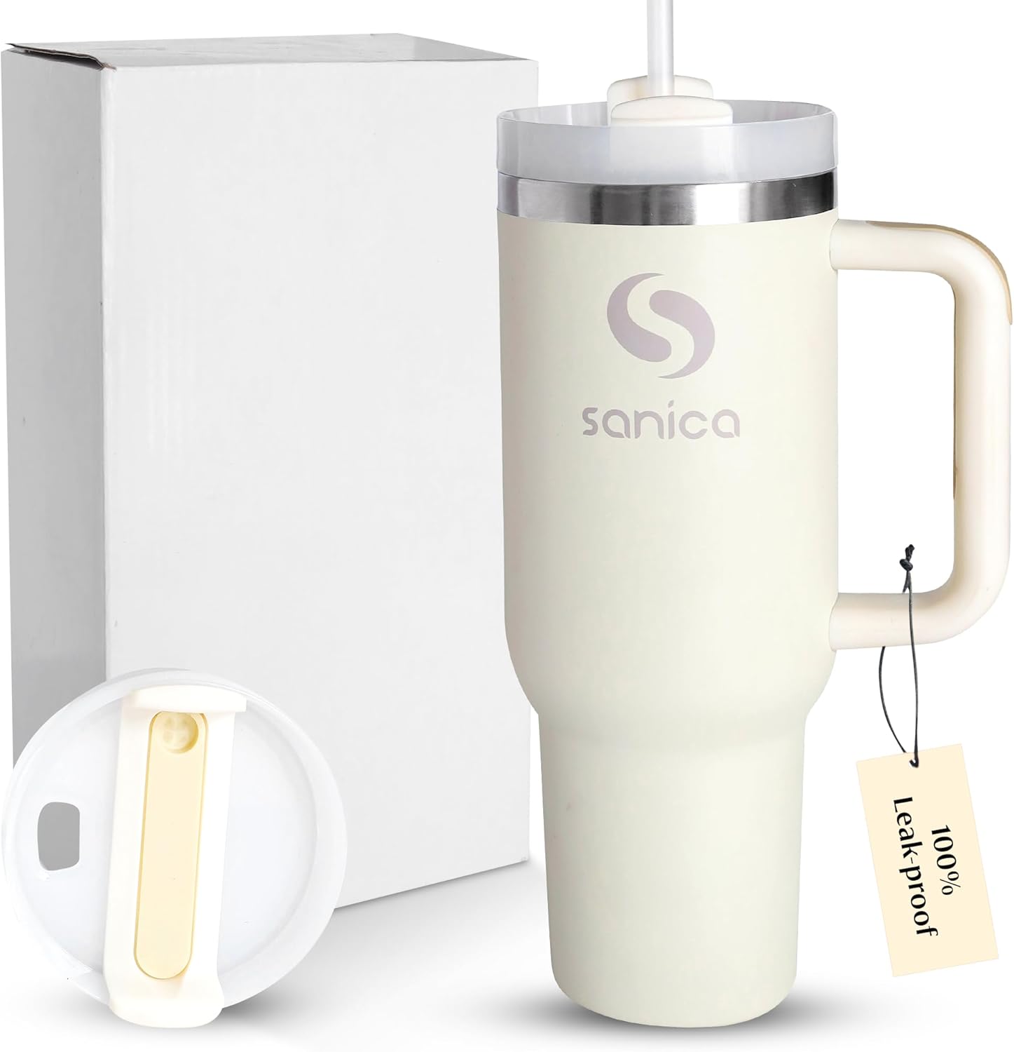 40 oz tumbler with handle and straw | Flowstate 3-Position Lid | Smoothie Cup | Compatible for Travel Cup | Insulated Stainless Steel Tumbler | BPA-Free | Cream