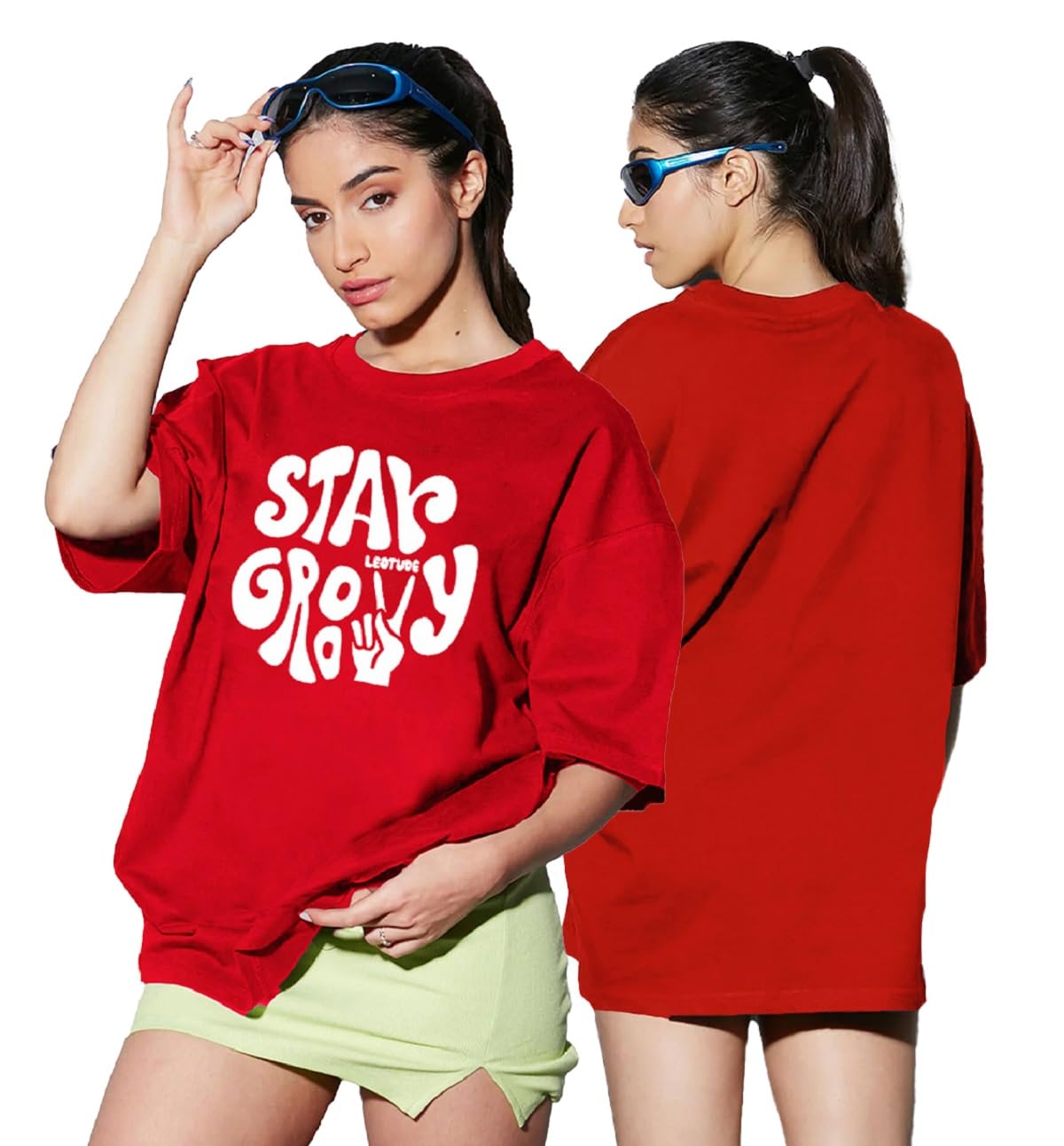 LEOTUDE Women's Oversized Round Neck Cottonblend T-Shirts (Color : Multi)