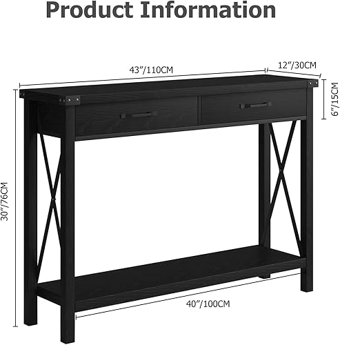 Miniatura 3 de Alkmaar Mesa de entrada de granja, mesa de consola negra con cajones, mesa de sofá de madera con almacenamiento, mesa de pasillo para entrada, sala
