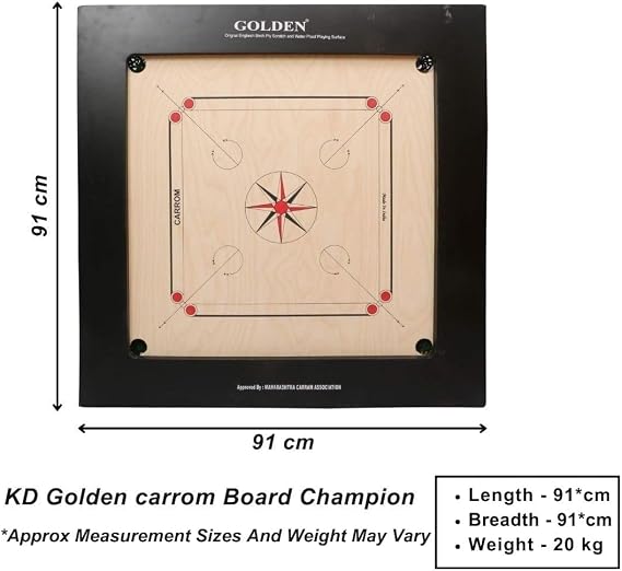KD Golden Carrom Board Game Board Champion Bulldog Jumbo Indian Ply Wood Board with Coin, Striker & Cover, AICF Approved Used in National & International Tournament (12mm, Champion)
