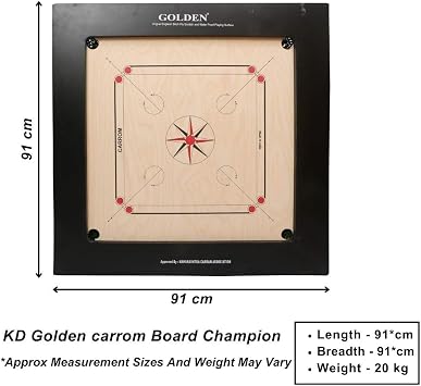 KD Golden Carrom Board Game Board Champion Bulldog Jumbo Indian Ply Wood Board with Coin, Striker & Cover, AICF Approved Used in National & International Tournament (12mm, Champion)