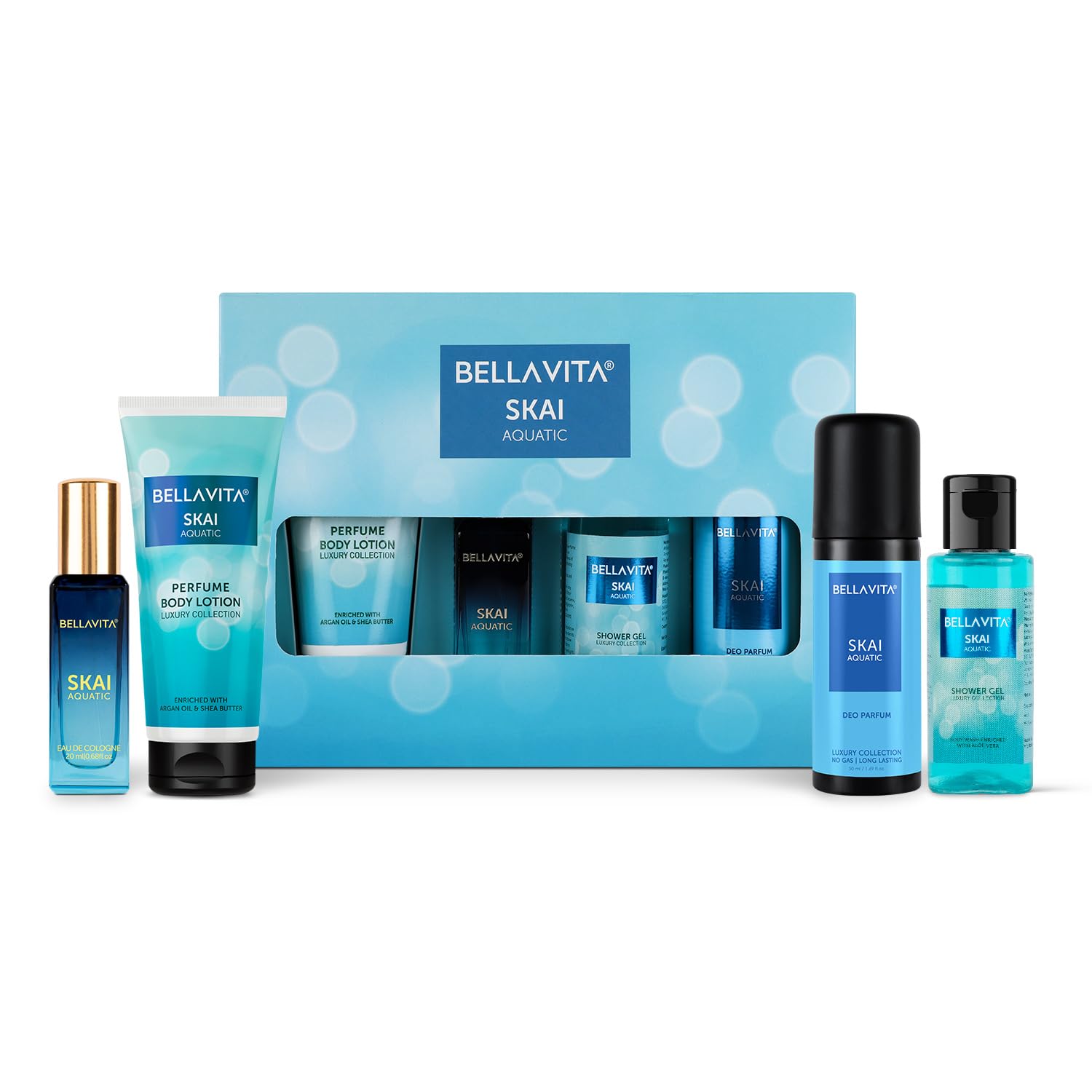 BELLAVITA SKAI AQUATIC Travel Size Gift Set with Shower Gel 55 ml, EDP Perfume 20 ml, No Gas Deodorant Body Parfum 50 ml & Perfume Body Lotion 50 ml