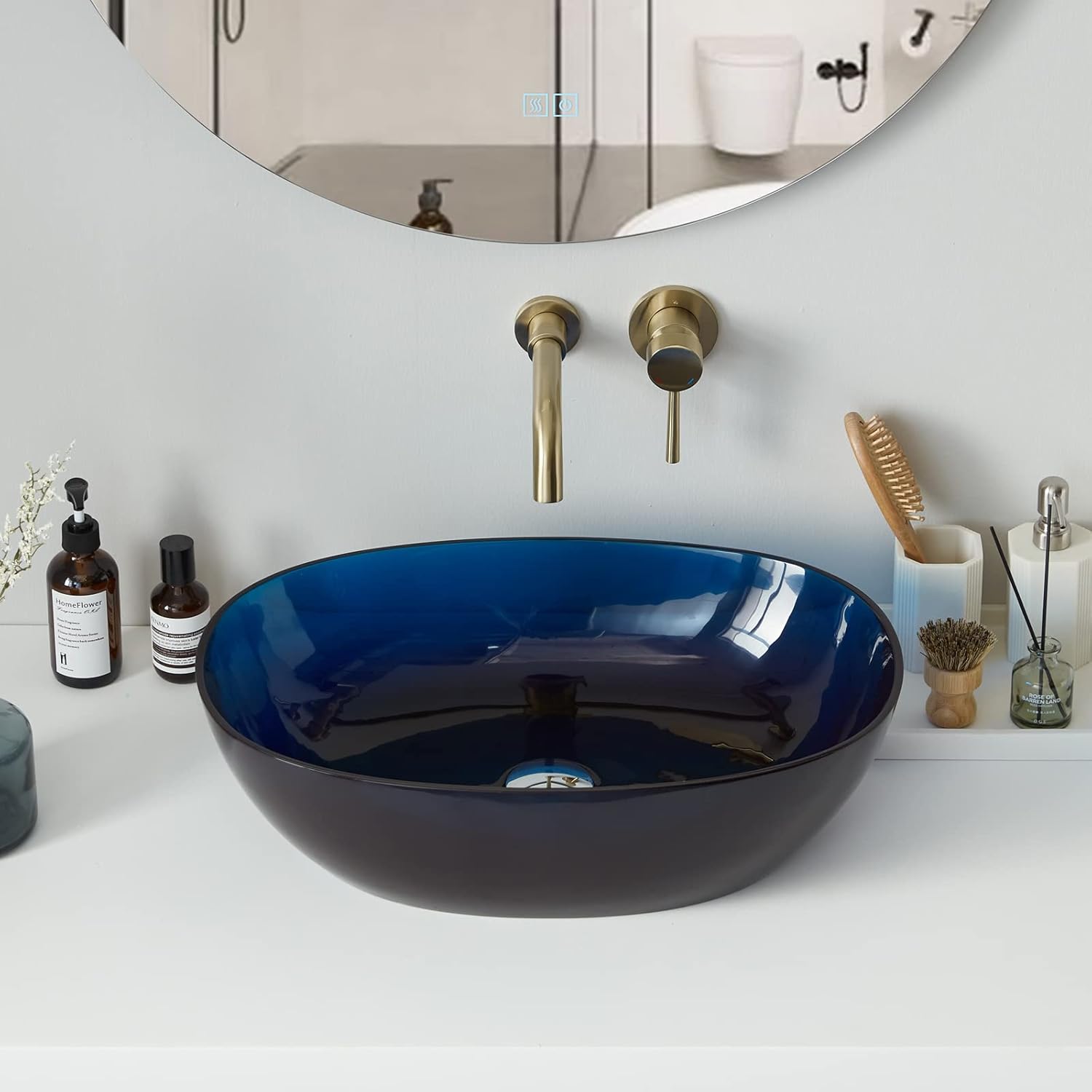 Cpingao 23"x 15" Blue Oval Translucent Bathroom Vessel Sink Above Counter for Cabinet Vanity Lavatory, Boat Shaped Stone Resin Art Basin Countertop with Pop Up Drain
