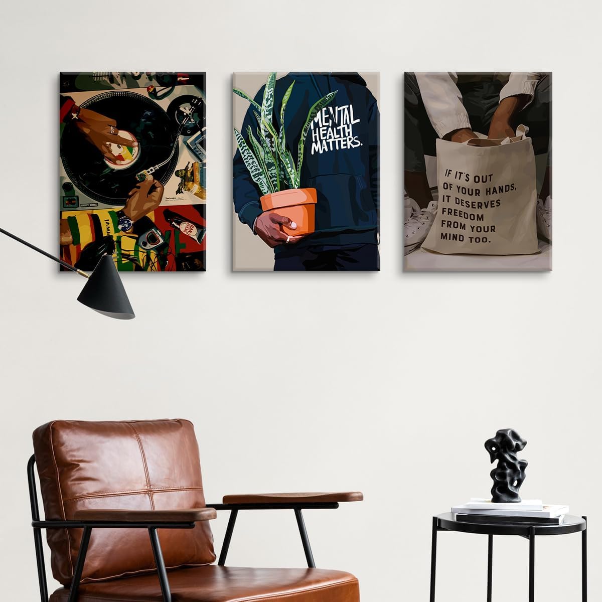 3 pcs Black Men Canvas Wall Art Fashion African American Black Man Prints Record Music DJ Painting Pictures Wall Decor Mental Health Artwork for Living Room Bedroom Home Decor 12x16 in canvas